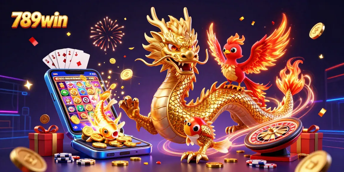 Experience thrilling gameplay with 789win in this vibrant illustration of a dragon, phoenix, and koi fish.