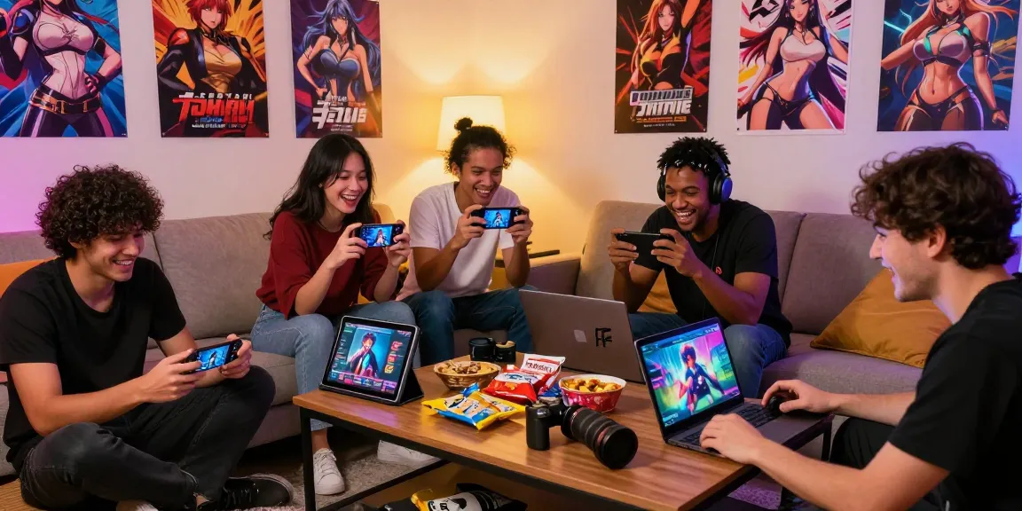 Players enjoying a hentai game session in a vibrant living room setting with warm lighting.