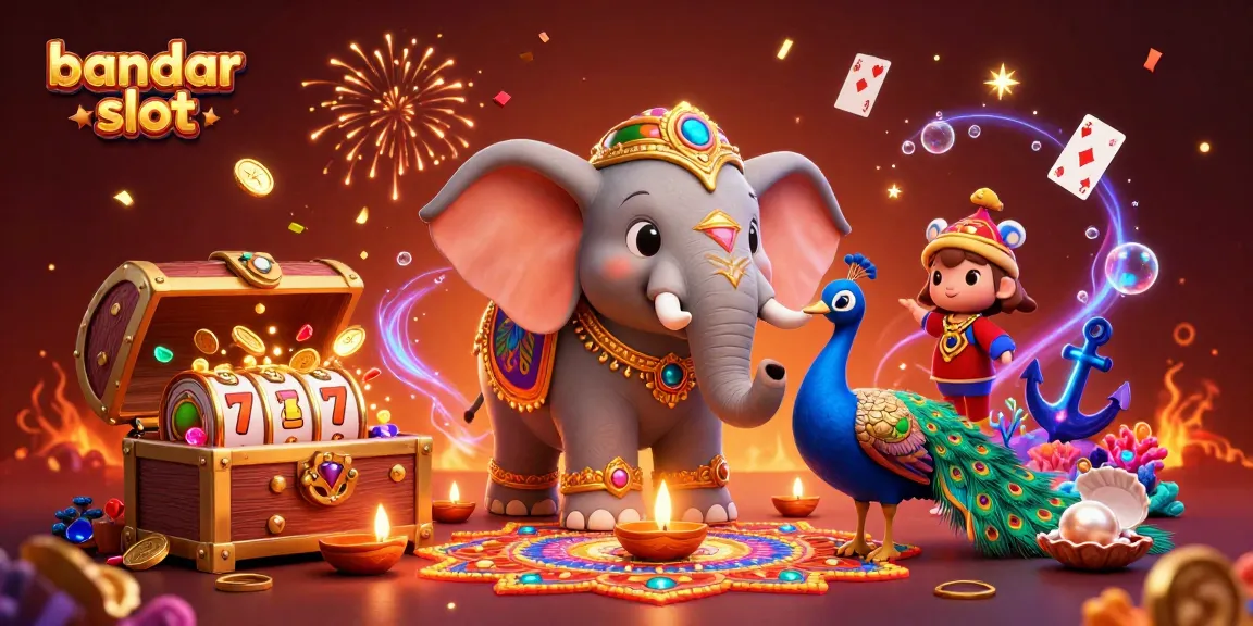 Experience thrilling gaming with bandar slot - vibrant illustration featuring a Diwali-themed elephant and casino elements.
