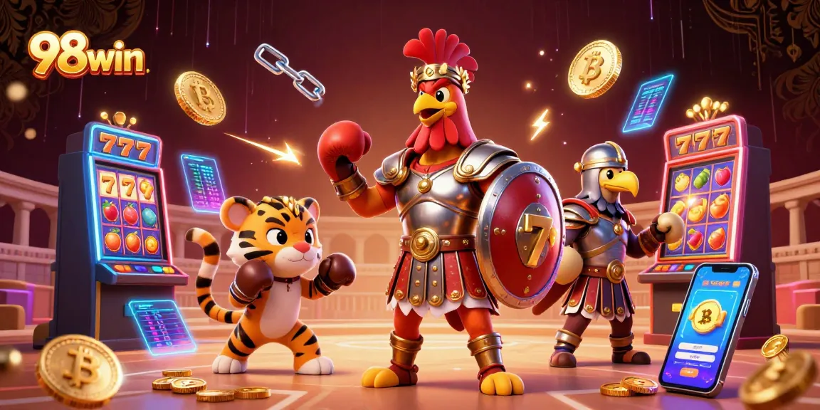 Experience the thrilling atmosphere of 98win with vibrant slot machines and lively characters.