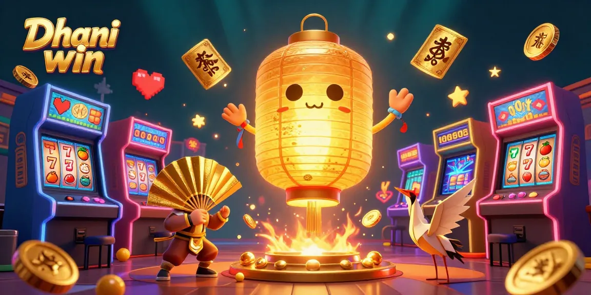Dhani win shines brightly with a glowing lantern spirit above a dynamic casino scene filled with slot reels and vibrant game elements.