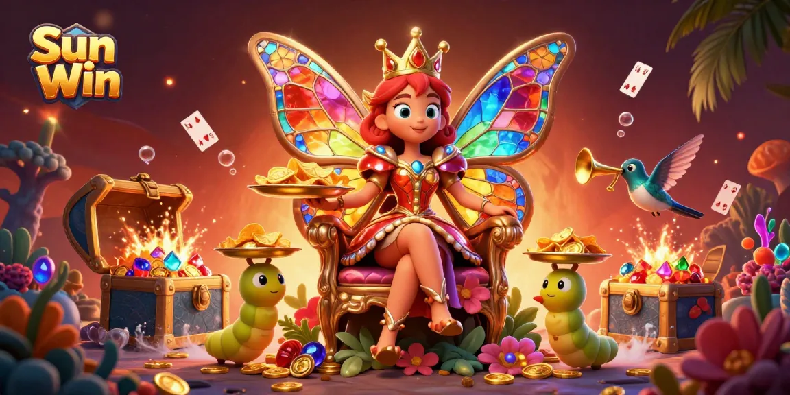 Experience Sun Win with a vibrant 3D casino scene featuring a butterfly queen and treasure elements.