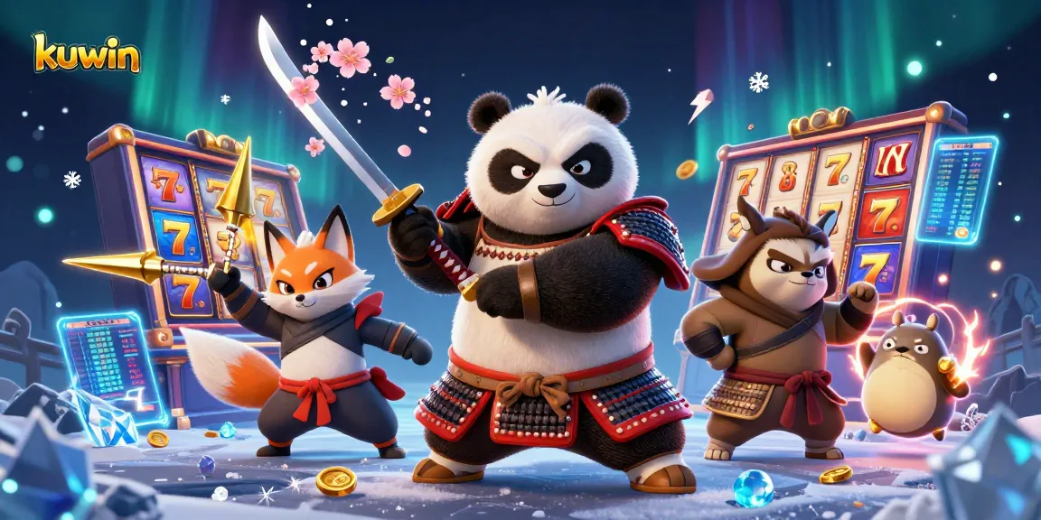 Kuwin gaming illustration featuring a samurai panda and fox companion amidst vibrant slot machines and energy elements.