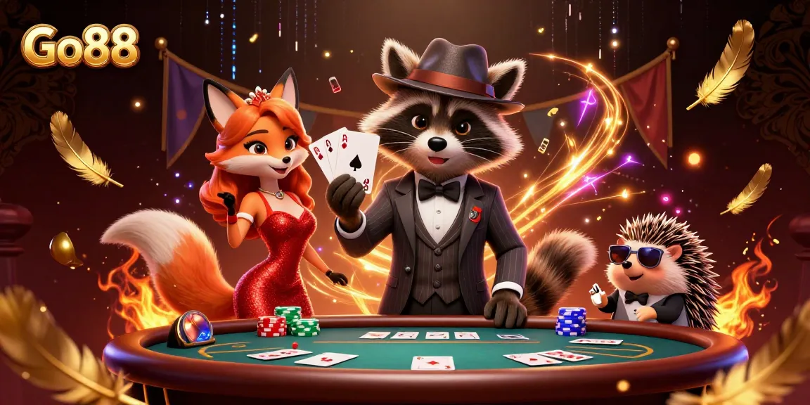Experience a thrilling poker night at Go88, featuring exciting characters and vibrant casino elements.