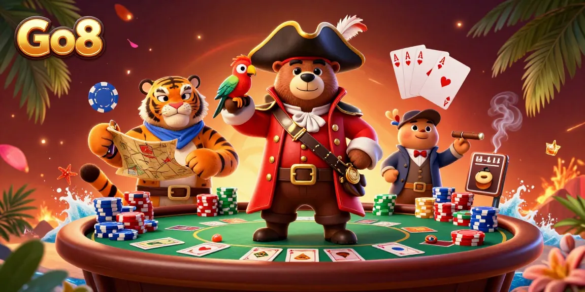 Go8’s pirate-themed poker showdown with a bear captain, tiger first mate, and colorful casino elements.