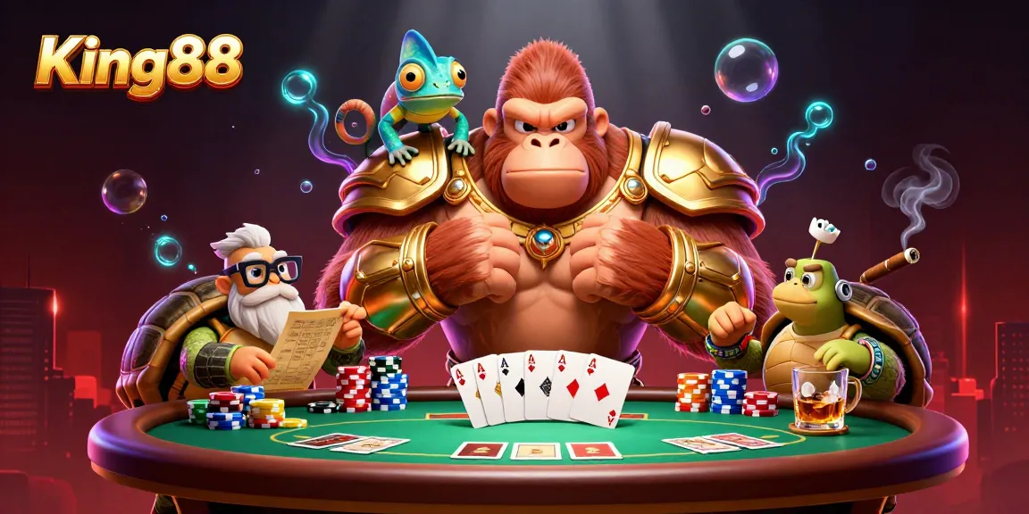 Experience King88's vibrant casino atmosphere with a powerful gorilla king and loyal companions.