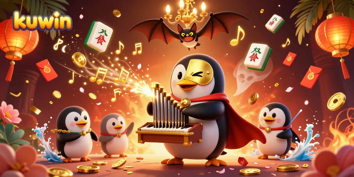 Kuwin captivates players with an engaging casino scene featuring a charming penguin and golden elements.