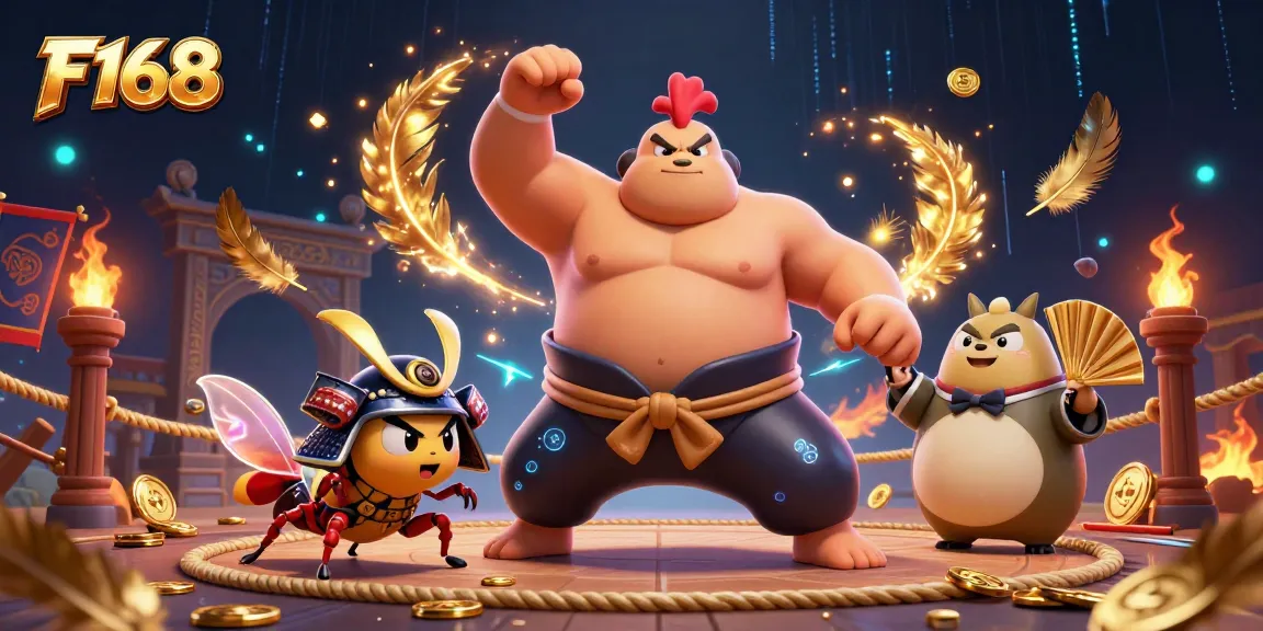 Experience the excitement of F168 with a powerful sumo wrestler, brave cricket, and vibrant casino elements.