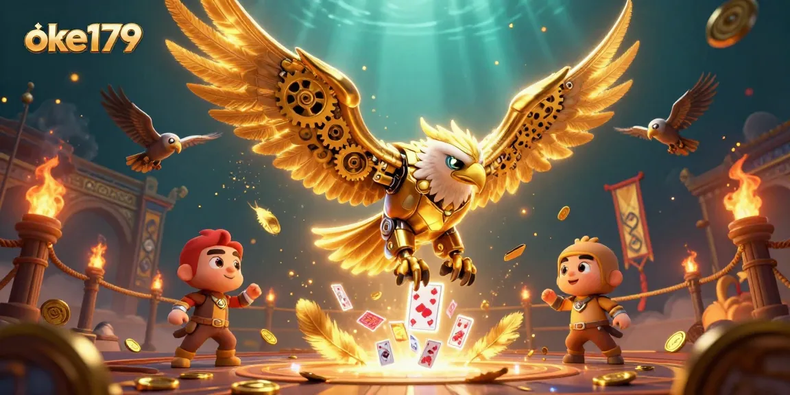 Experience thrilling gameplay with oke179 featuring a cyborg eagle amidst holographic cards.