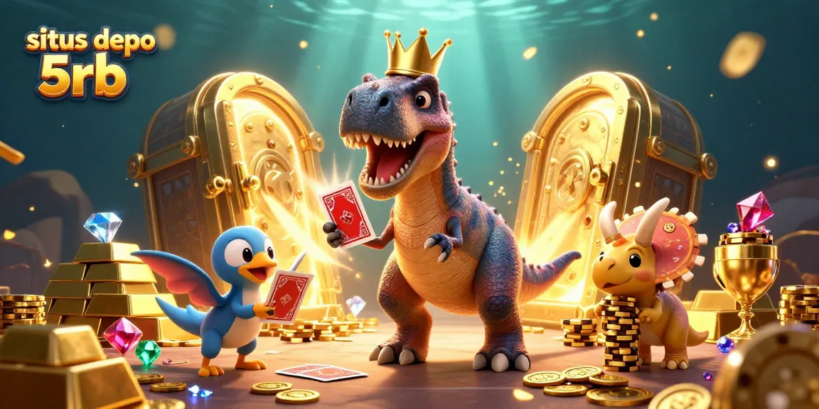 Experience the thrill of situs depo 5rb with friendly dinosaur characters engaging in a vibrant casino scene.