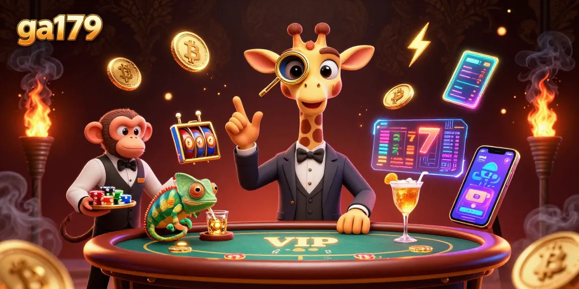 Experience ga179 with a high-roller giraffe and crypto elements at an extravagant casino scene.