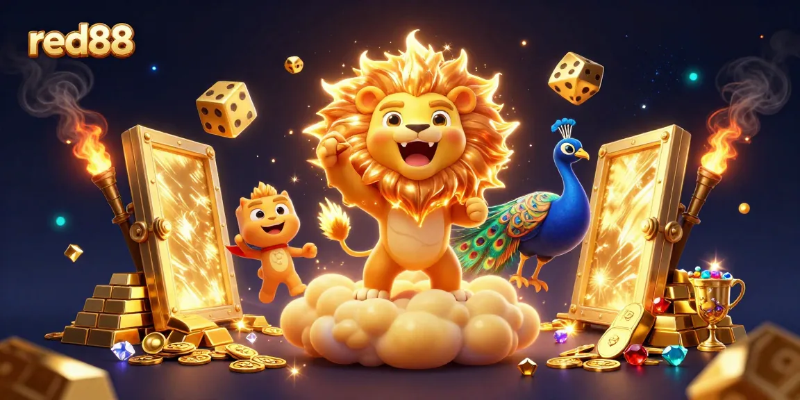 Experience the vibrant excitement of red88 casino with a dynamic illustration of a roaring lion and golden elements.