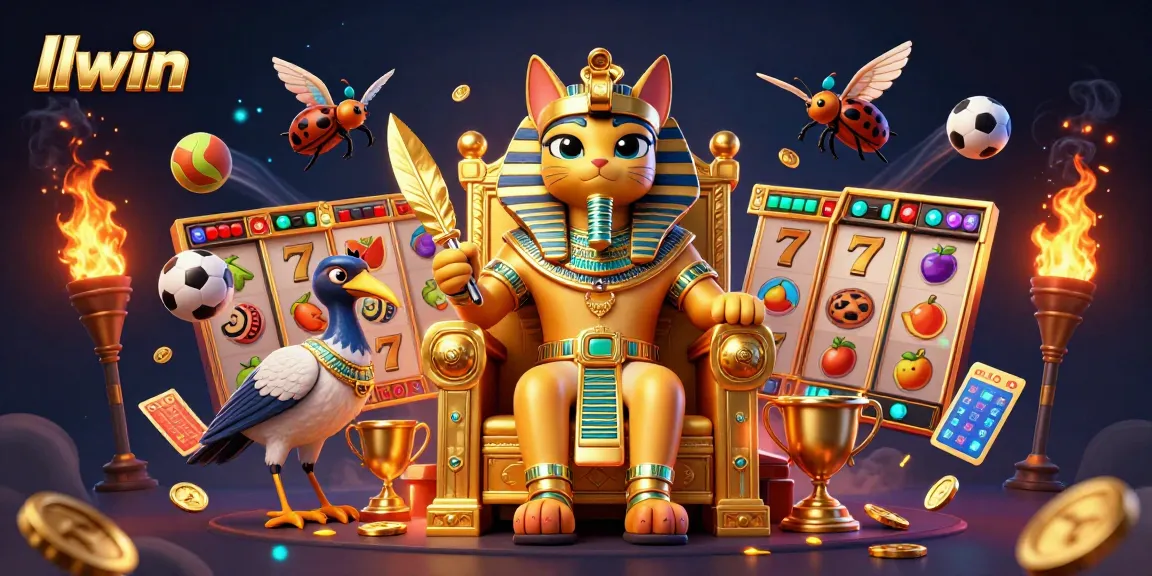 Experience thrilling gameplay at llwin with a vibrant 3D illustration featuring a pharaoh cat, gold treasures, and slot machines.