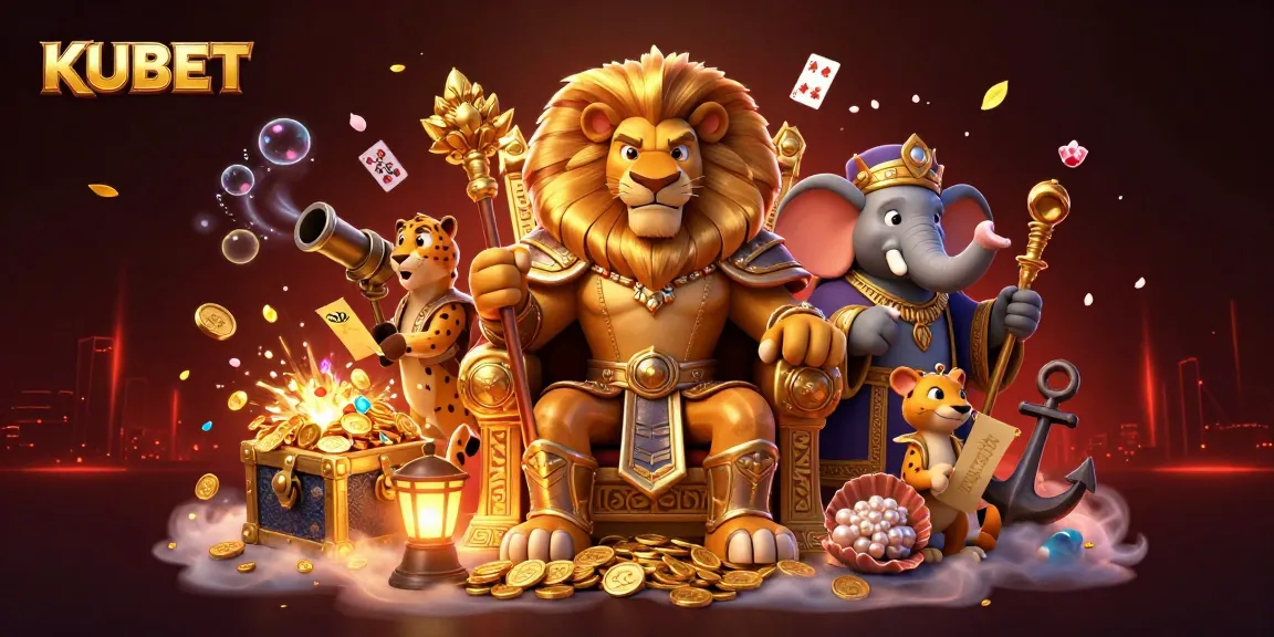 KUBET's vibrant casino scene featuring a lion king, advisor elephant, and cheetah, amidst gold treasures and dynamic game elements.