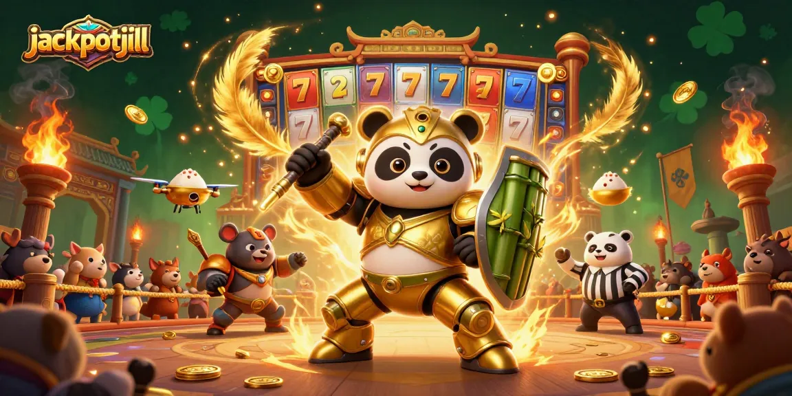 Experience jackpotjill's vibrant 3D casino scene with golden panda and thrilling slot action!