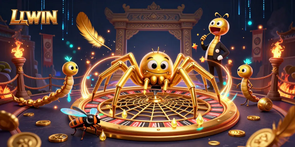 LLWIN interactive scene with a golden spider and centipede croupier engaging in dynamic betting activities.