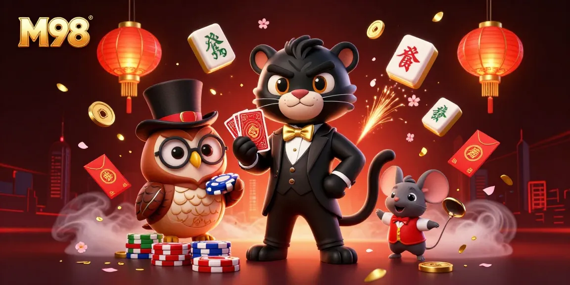 M98 inspired illustration of a black panther dealing cards with vibrant casino elements, showcasing action and excitement.