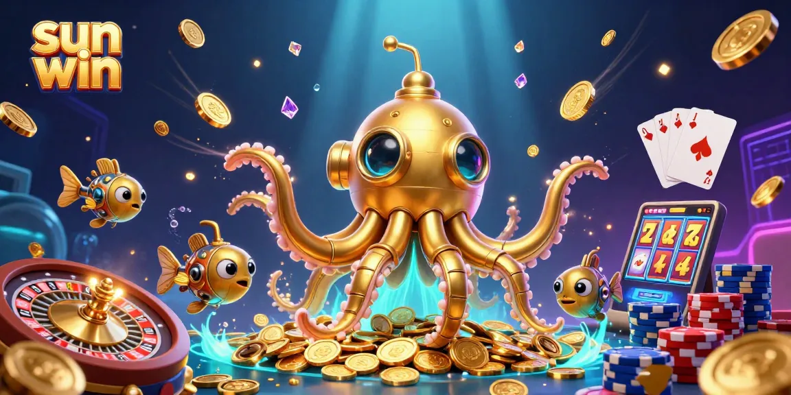 Experience the excitement of sun win with a vibrant 3D digital illustration featuring casino elements.