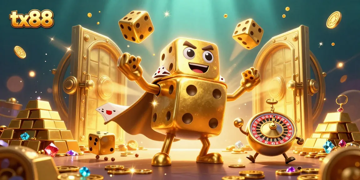tx88 showcases golden dice and gems in a captivating casino scene, emphasizing thrilling gaming.