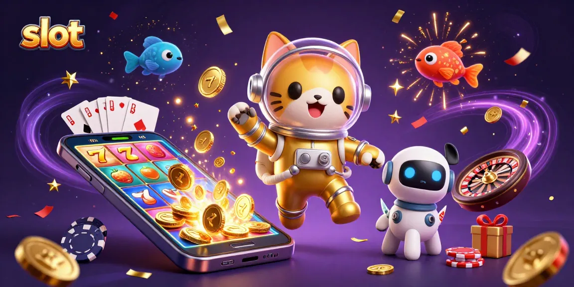 Spinning slot reels and golden coins surround a cosmic cat in a colorful casino scene.